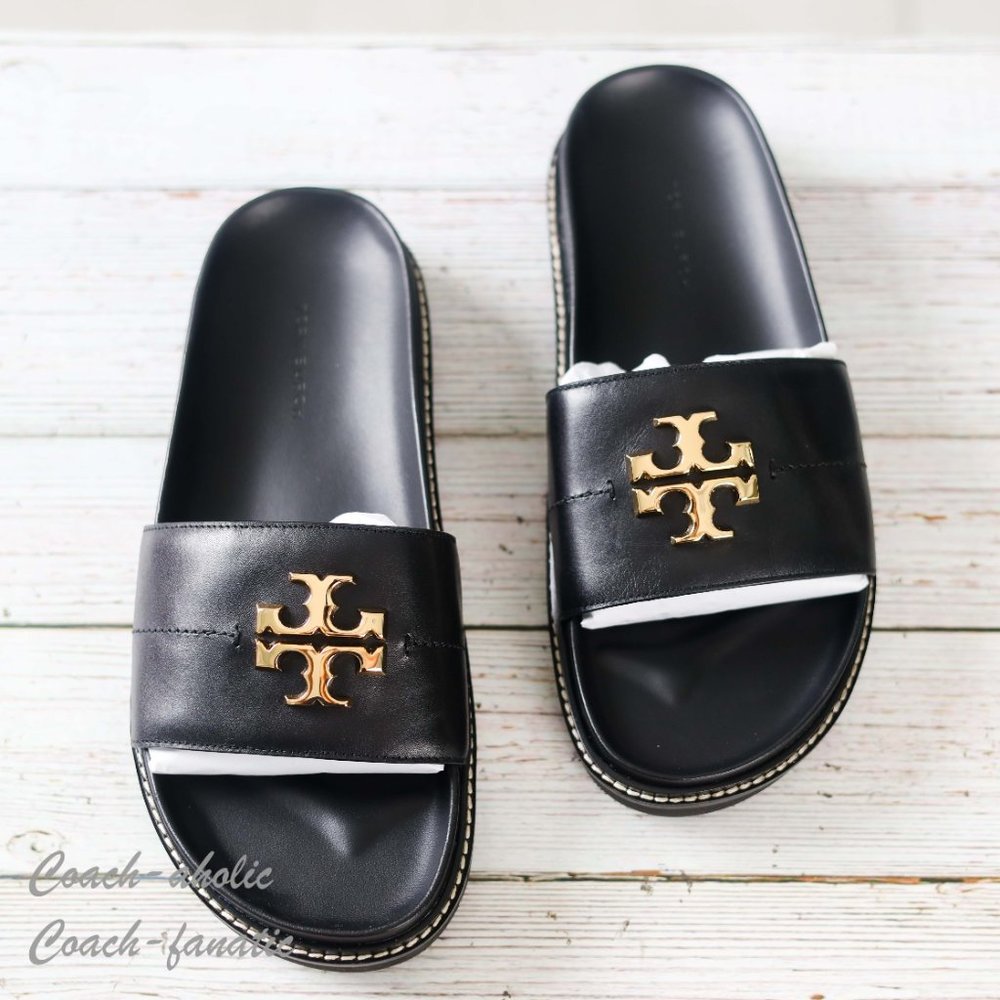 NIB Tory Burch Everly Anatomic Lug Nappa Leather Slide Sandal Size 8 in Black - Picture 2 of 10